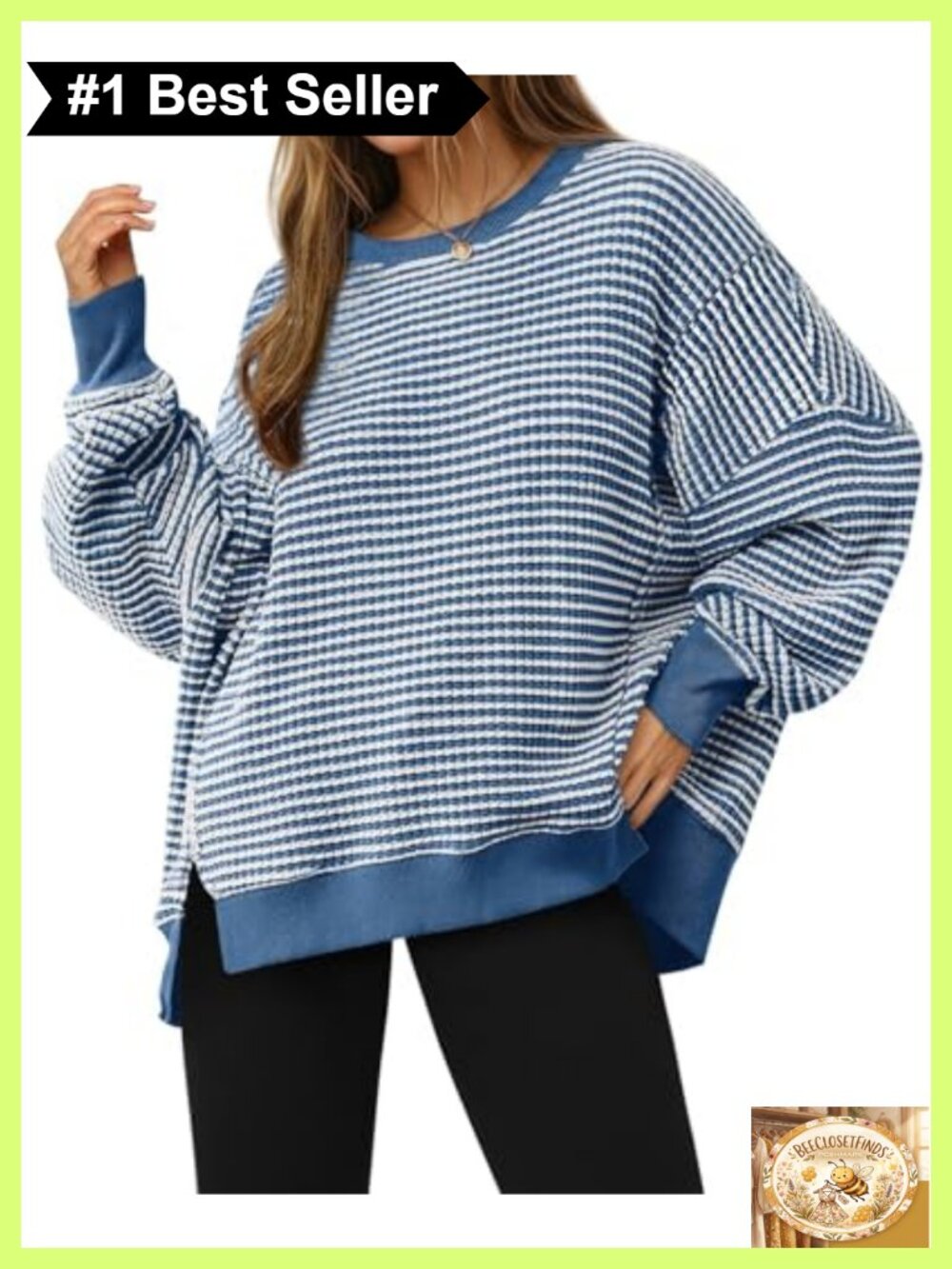 Oversized Waffle Knit Sweatshirt Crewneck Split Tunic Pullover